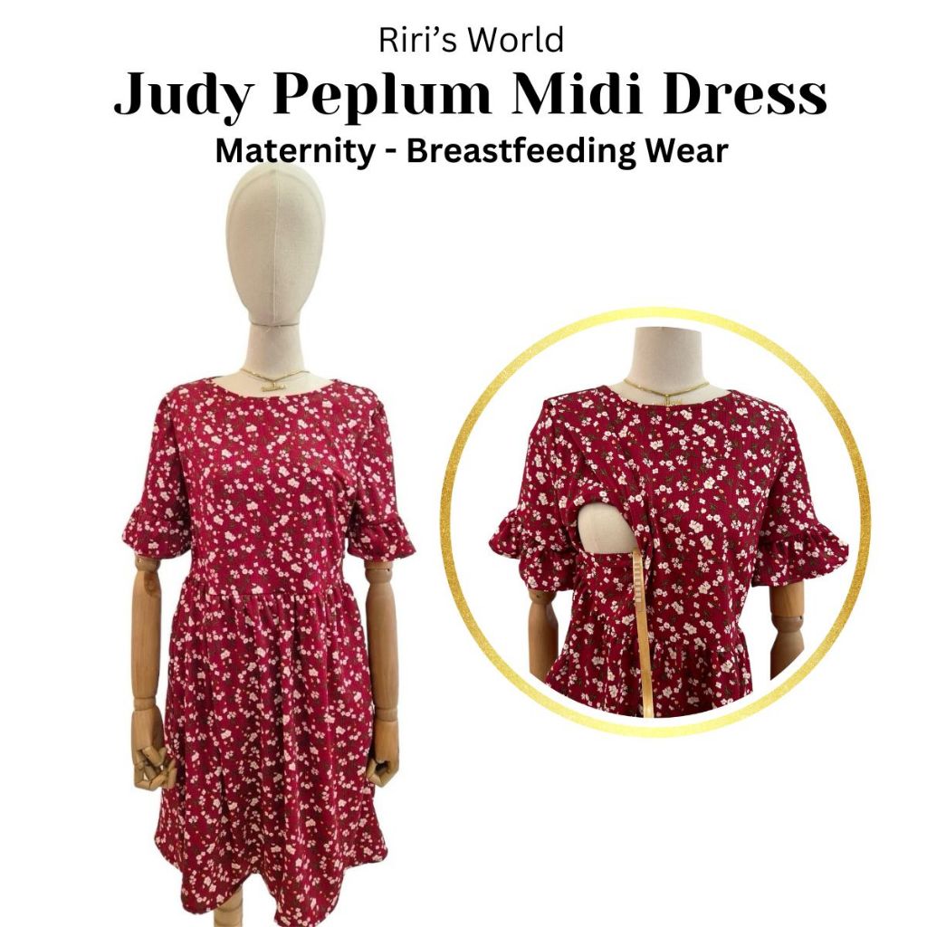 Riri's World| Judy Peplum Maternity - Breastfeeding Midi Dress - Pregnancy Dress -  Nursing Dress