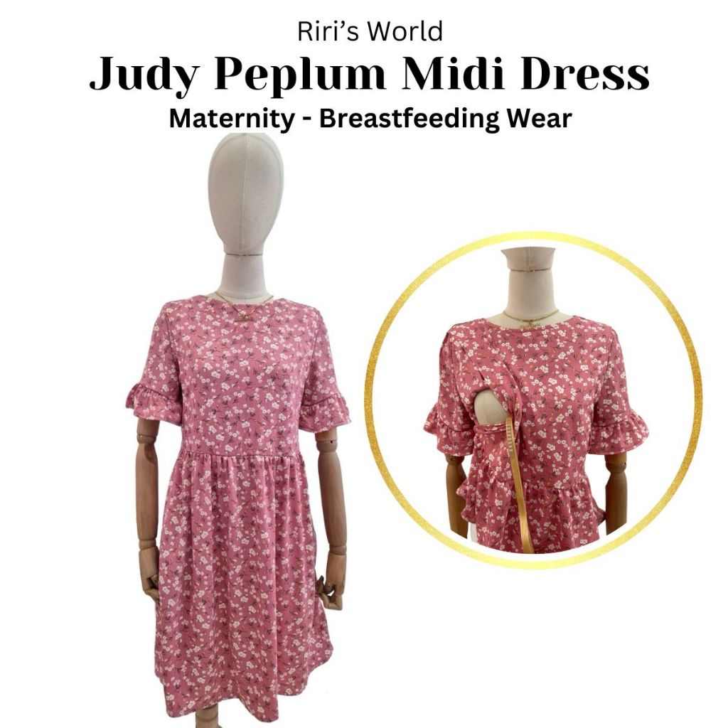 Riri's World| Judy Peplum Maternity - Breastfeeding Midi Dress - Pregnancy Dress -  Nursing Dress