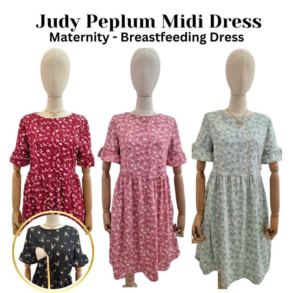 Riri's World| Judy Peplum Maternity - Breastfeeding Midi Dress - Pregnancy Dress -  Nursing Dress